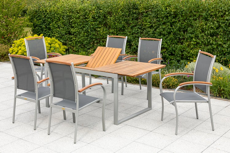 Siena Gartenmöbelset 7tlg., Stapelsessel, Ausziehtisch 150 (200) x 90 cm, silber/schwarz