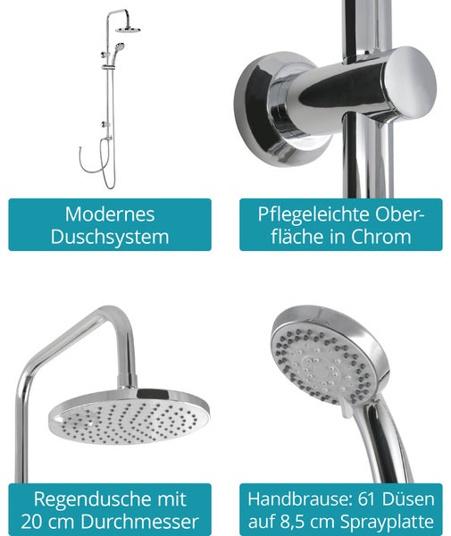 Calmwaters® Duschsystem Chrom, mit Regendusche & Handbrause, 3-strahlige Handbrause, Anti-Kalk, Duschgarnitur mit Wandstange, Gleiter, Hand- und Kopfbrause, 20DP6204