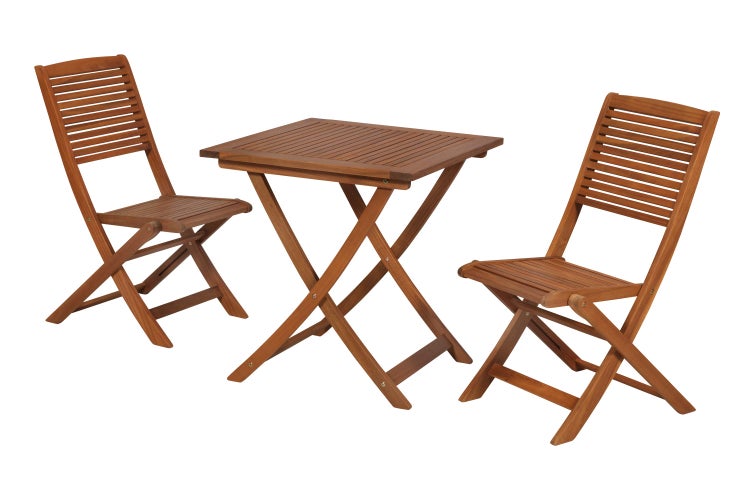 Gartengarnitur mit Klapptisch und zwei Klappstühlen aus Holz