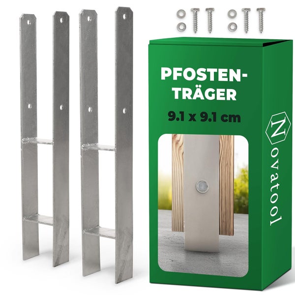 Novatool Pfostenträger Set in H-Form aus verzinktem Stahl für 9,1 mal 9,1 Zentimeter Holzpfosten, inklusive Schrauben, Unterlegscheiben und Novatool Logo.