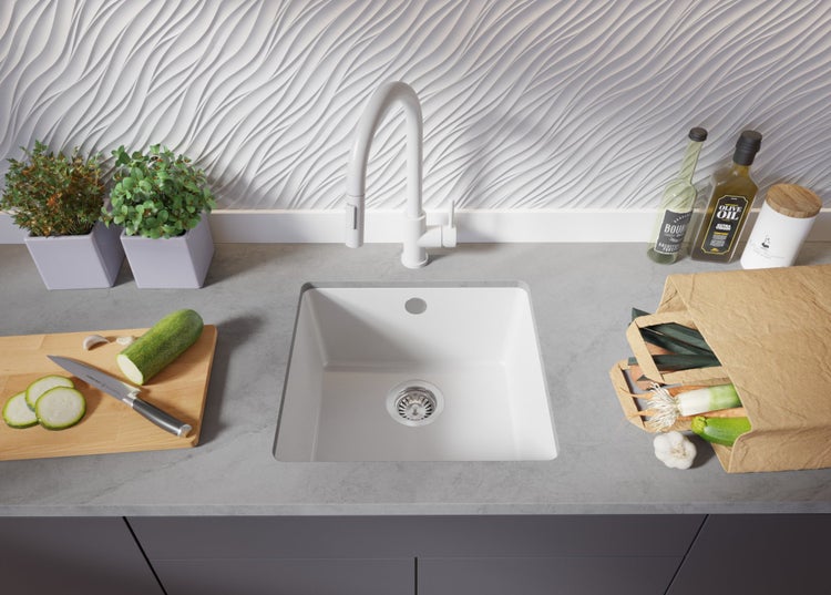 PRIMAGRAN Unterbauspüle Granit Weiß 46x44cm, Spülbecken 1 Becken + Ablauf-Set, Granitspüle ab 50er Unterschrank - Venedig Easy