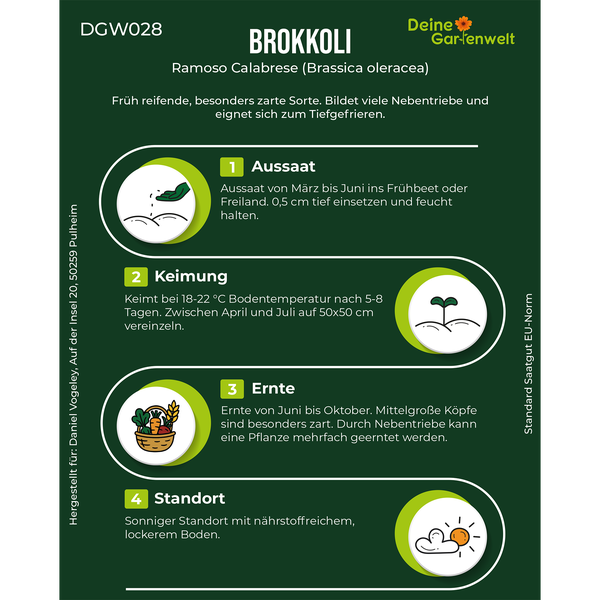 Deine Gartenwelt Logo. Infografik für Brokkoli Ramoso Calabrese mit Details zu Aussaat, Keimung, Ernte und Standort.