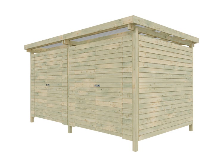 Gartenschrank aus Holz mit zwei Doppeltüren und Flachdach zur Aufbewahrung von Mülltonnen oder Gartengeräten.