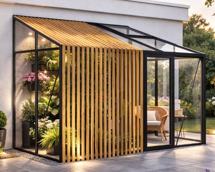 Moderner Wintergarten mit schwarzem Metallrahmen, Glaswänden und Holzlamellen, gefüllt mit Pflanzen und einem Korbsessel.