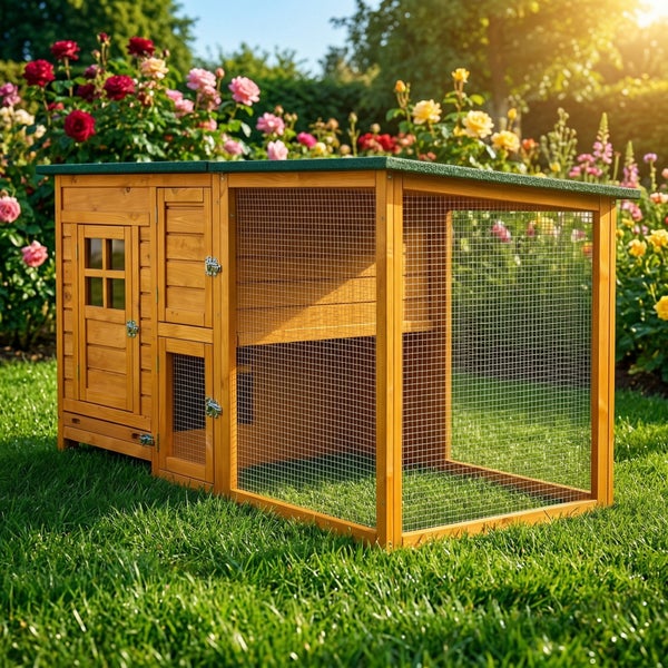 Kleintierstall aus Holz mit integriertem Freilaufgehege und wetterfestem Dach für den Garten.