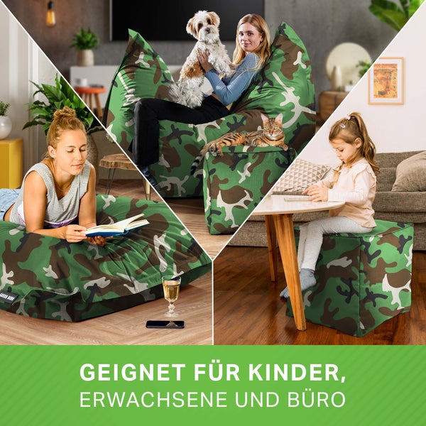 Green Bean 2er Set XXL Sitzsack inkl. Pouf fertig befüllt mit EPS-Perlen - Riesensitzsack 140x180 Lounge Sitz-Kissen Bean-Bag Chair  - Camouflage