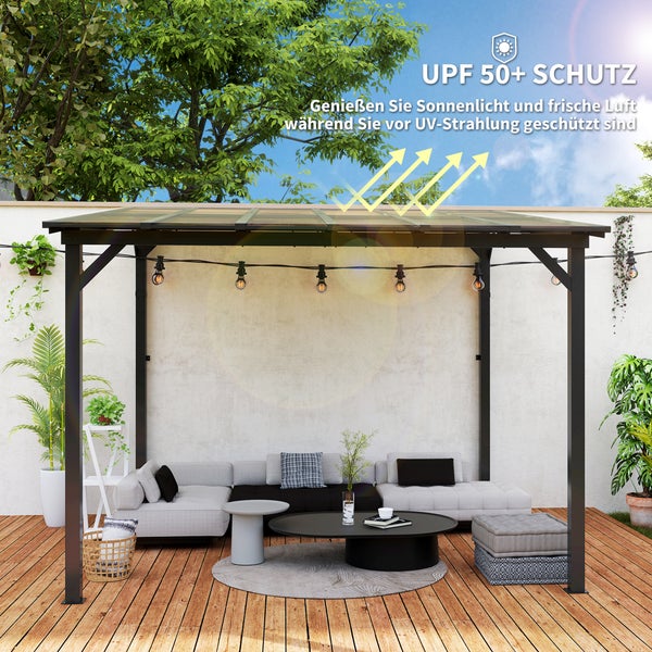 Outsunny Pergola Pavillon ca. 3x3m, Wasserdicht, Stabil, Winterfest Terrassenüberdachung mit UV-Schutz 50+, Wandmontiert Gartenpavillon aus Metall, Sonnenschutz für Garten Terrasse Balkon Dunkelgrau