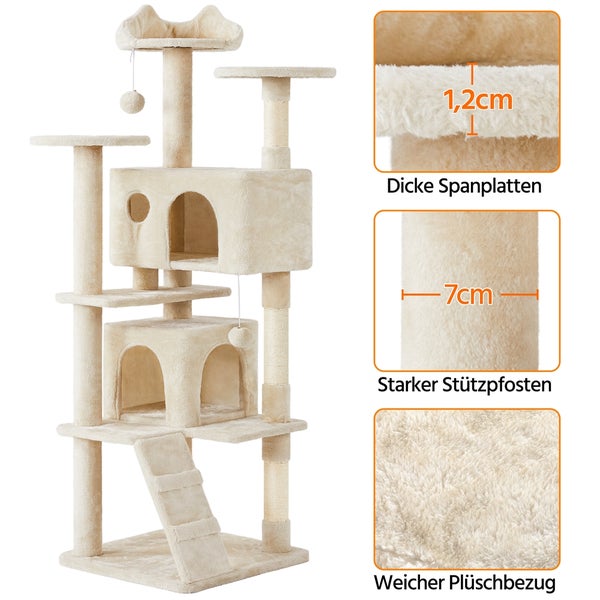 Beiger Katzenkratzbaum mit Liegeflächen, Höhlen und Sisalstämmen
