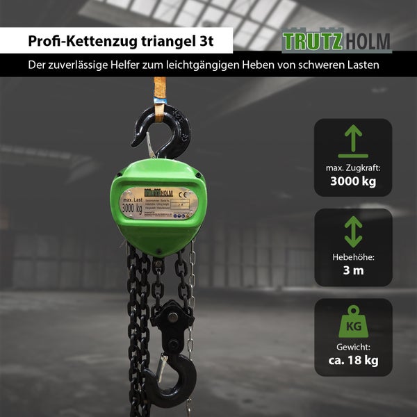 Trutz Holm Profi Kettenzug mit 3 Tonnen Traglast und 3 Meter Hebehoehe fuer das Heben schwerer Lasten.
