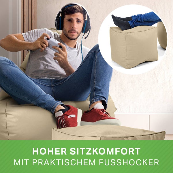 Green Bean 2er Set Sitzsack + Hocker - fertig befüllt - robust waschbar schmutzabweisend - Kinder & Erwachsene Bean Bag Bodenkissen Lounge Sitzhocker Relax-Sessel Gamer Gamingstuhl Pouf - Beige