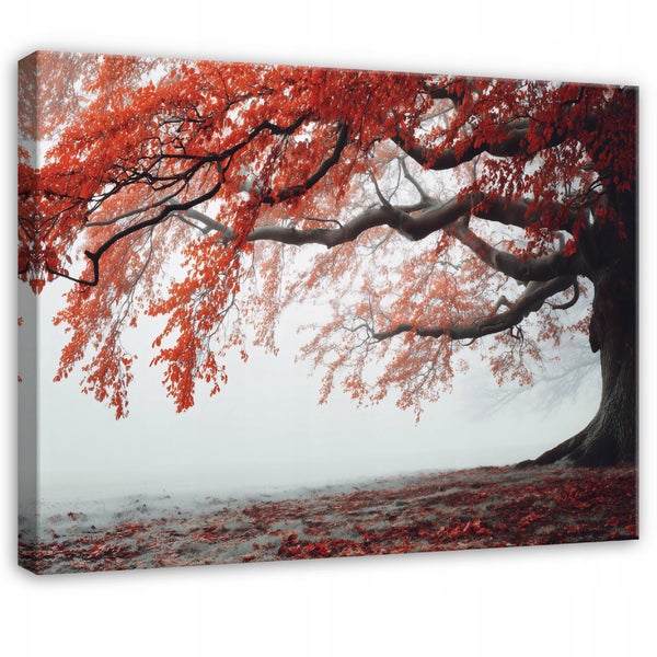 Wandbild mit Baum und roten Blättern im Nebel