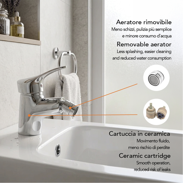 Bidetarmatur mit abnehmbarem Luftsprudler für weniger Wasserspritzer und Keramikkartusche für reibungslose Bedienung.