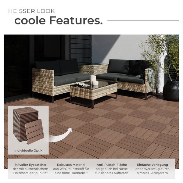 Terrasse mit WPC-Fliesen, Gartenmöbeln und Pflanze