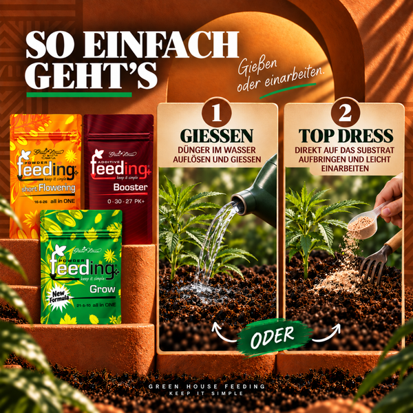 Anleitung zur Anwendung von Green House Powder Feeding Dünger: Gießen durch Auflösen im Wasser oder Einarbeiten als Top Dressing in das Substrat.