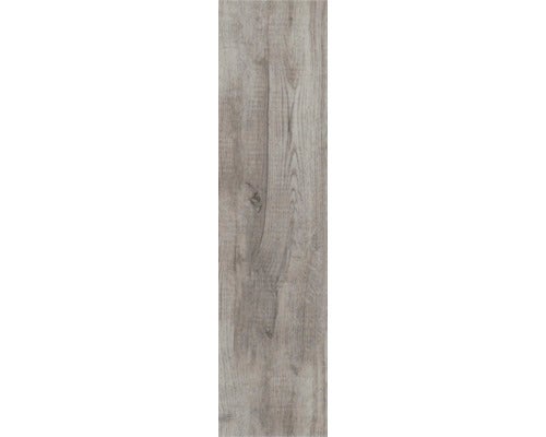 Graue Bodenfliese oder Laminatdiele in Holzoptik mit Maserung und Astlöchern.