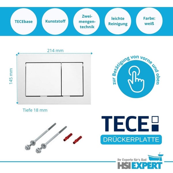 TECE Betätigungsplatte mit den Maßen 214 x 145 x 18 mm, inklusive Befestigungsmaterial und HSI Expert Logo.