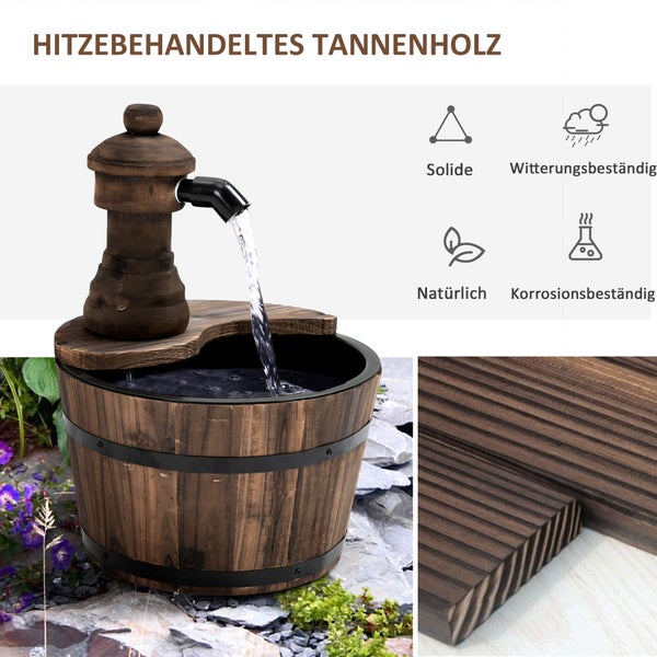 Outsunny Gartenbrunnen Springbrunnen Zierbrunnen Fassbrunnen Wasserfall Holzeimer Tannenholz + Metall Naturholz Ø27 x 37 cm