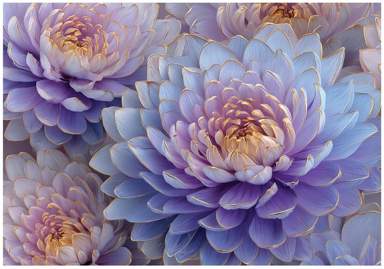 Nahaufnahme von lila Chrysanthemenblüten mit goldenen Akzenten