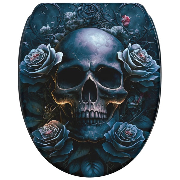 Toilettensitz mit Totenkopfmotiv und Rosenmuster