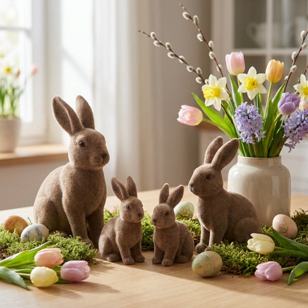 Osterdekoration mit vier beflockten Osterhasen, Frühlingsblumen in einer Vase und bunten Ostereiern auf einem Holztisch.