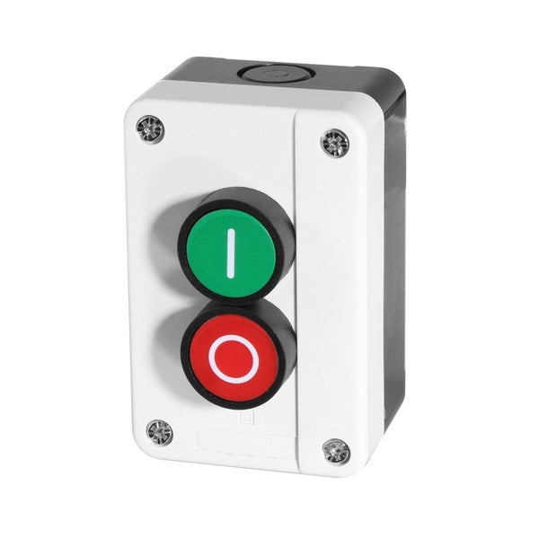 Industrieller Drucktastenschalter mit grünem Ein-Taster und rotem Aus-Taster in einem Kunststoffgehäuse.