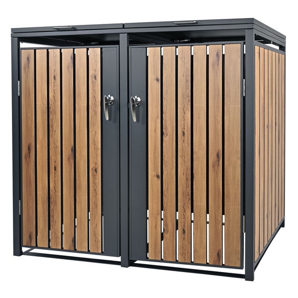 ML-Design Mülltonnenbox 2er 2 Tonnen 240L 132x80x116,3cm Anthrazit-Eichenoptik, Stahl, wetterfest/abschließbar Mülltonnenverkleidung Klappdeckel/2 Türen, Müllbox Mülltonnecontainer Mülltonnenabdeckung