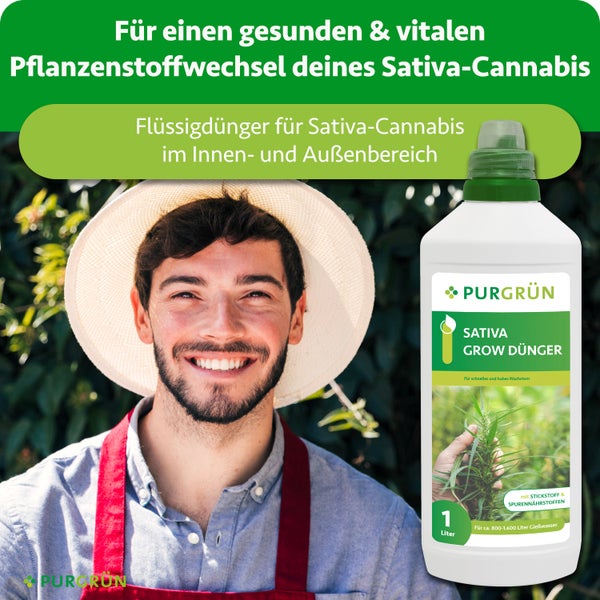 Purgrün Sativa Grow Dünger Konzentrat 1 Liter für 1600 Liter Gießwasser, mit Dosierkappe für gesundes und kräftiges Pflanzenwachstum.