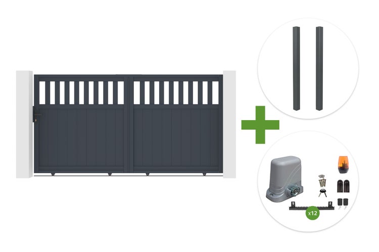 Doppelflügeltor mit Zaunpfosten und elektrischem Torantrieb