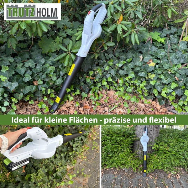 Akkubetriebener Laubbläser von Trutzholm für kleine Flächen, präzise und flexibel. In einem Garten mit Hecken und Bäumen gezeigt. Trutzholm Logo.