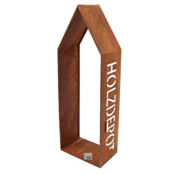 Holzdepot in Hausform aus Metall mit Edelrostoptik für die Kaminholz Lagerung.
