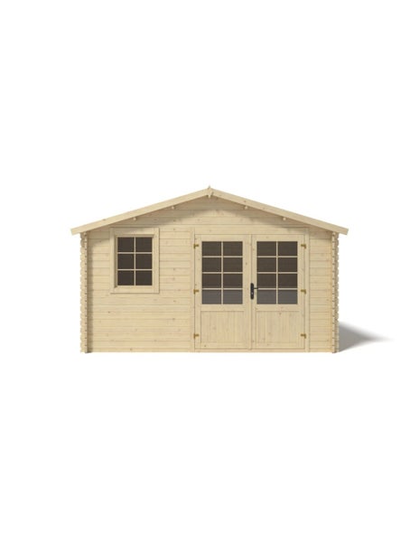Gartenhaus aus Holz mit einer Doppeltür und einem Fenster mit Sprossen.