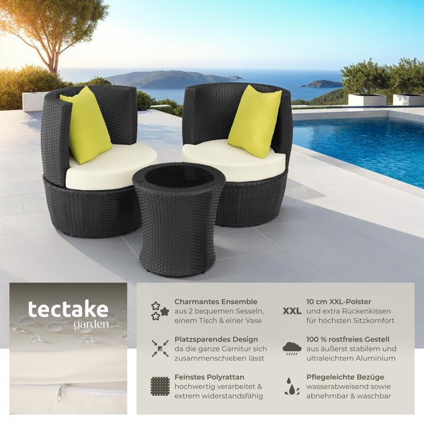 Gartenmöbelset aus Polyrattan mit zwei Sesseln, Tisch und Kissen