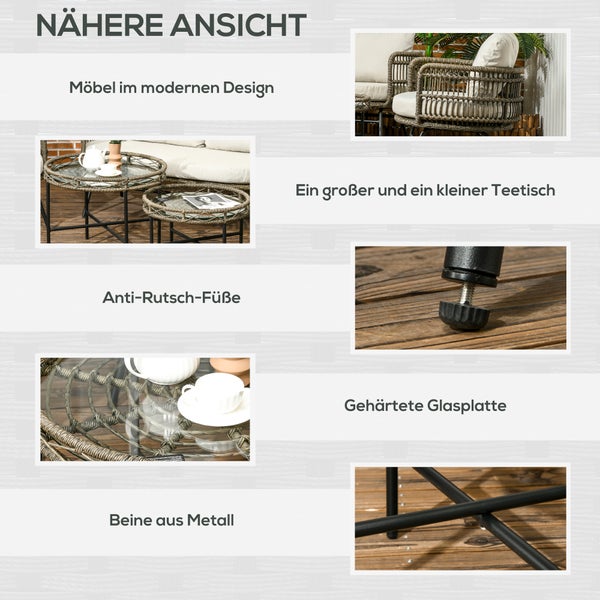 Outsunny Gartenmöbel-Set, 5 tlg. Rattan Sitzgarnitur mit Kissen, Sitzgruppe mit 2 Sesseln, 2 Couchtischen, 1 Doppelsofa, Balkonmöbel im Boho-Stil, für 4 Personen, Alu, Braun
