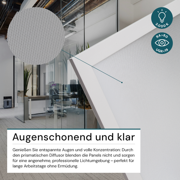 Nahaufnahme eines Büros mit einer blendfreien Bürobeleuchtung mit den Werten 3000 Kelvin, Farbwiedergabe größer 80 und UGR kleiner 19.