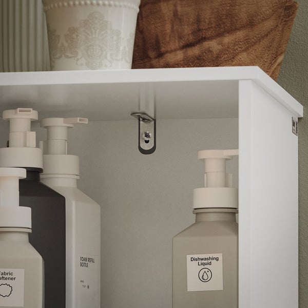 Detailansicht eines weißen Badezimmerschranks mit verschiedenen Reinigungsflaschen