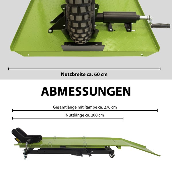 Abbildung mit Maßangaben einer Motorradhebebühne mit Rampe