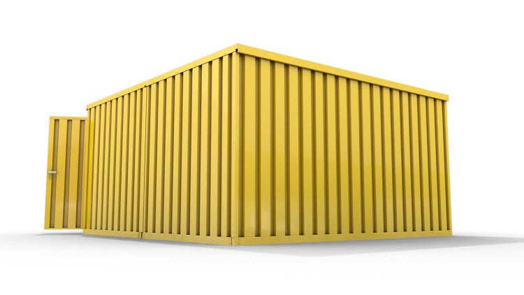 Lagercontainer Gerätehaus L2  – 16 qm, H2150 x B4050 x T4340 mm, Außenwandlackierung RAL 1003 signalgelb, Dach außen verzinkt, mit Holzfußboden, 2750 mm Doppelflügeltür mittig in Stirnseite, montiert