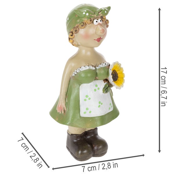 Dekorative Gartenfigur einer Frau in grünem Kleid und Schürze mit einer Sonnenblume, Höhe 17 Zentimeter, Breite 7 Zentimeter.