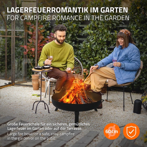 ECD Germany Feuerschale Ø60 x 27 cm mit 3 klappbaren Füßen, Dreibein Feuerstelle für den Garten, Stahl Feuerkorb rund mit 2 Griffen & 2 Entwässerungslöcher, Outdoor Eisenschale Feuertonne BBQ Camping