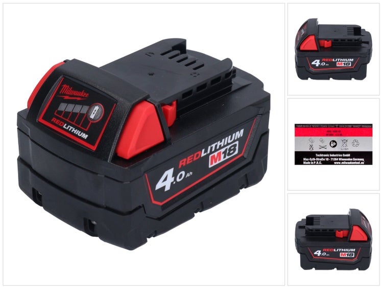 Milwaukee M18 RedLithium Akku mit 4,0 Amperestunden Kapazität und Ladestandsanzeige.