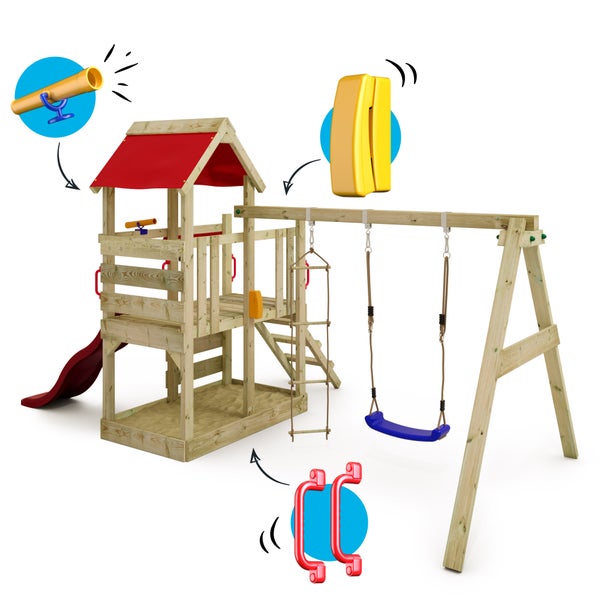 WICKEY Spielturm Klettergerüst TurboFlyer mit Schaukel und Rutsche, Kletterturm mit Sandkasten, Leiter und Spiel-Zubehör - rot