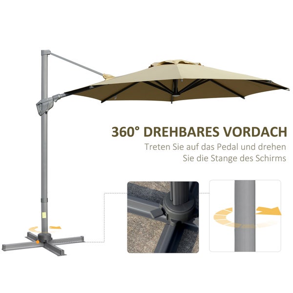 Outsunny Sonnenschirm, mit Kurbelvorrichtung Sonnenschutz, verstellbar, Ø298 cm, Alu, Khaki