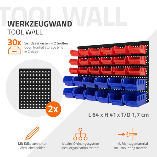 ECD Germany Wandregal mit Stapelboxen 30-tlg Blau-Rot, 18 kleine/12 große Schütten mit Etikettenfach, Werkstattregal erweiterbar Kleinteilemagazin Lagersystem Lagerregal Schüttenregal Sichtlagerkästen