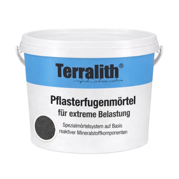 Terralith Pflasterfugenmoertel fuer extreme Belastung im Eimer zur Verfugung von Pflastersteinen und Plattenbelägen.