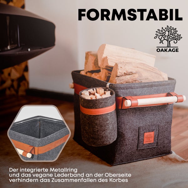 OAKAGE® Classic Duo Dunkelgrau Holzkorb Filz - Metallrahmen für Zusatzstabilität - 42x32x35cm