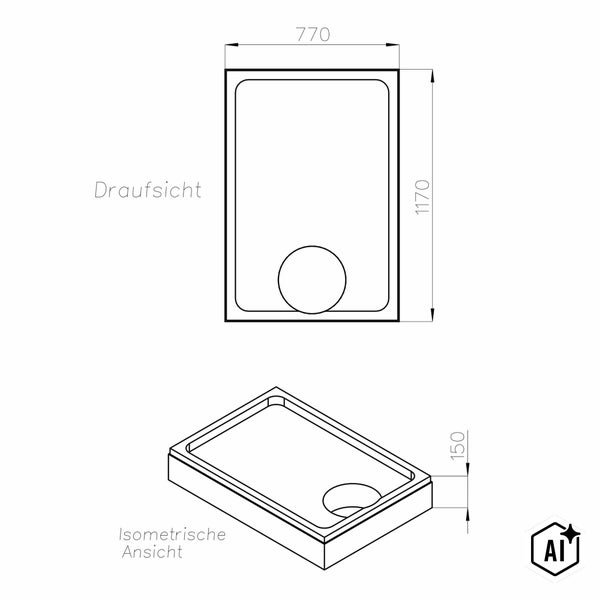 Technische Zeichnung einer rechteckigen Duschwanne mit den Maßen 770 mal 1170 mal 150 Millimeter in Draufsicht und isometrischer Ansicht