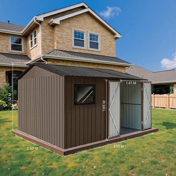 Metall Gartenhaus mit Fenster und Doppeltür mit Maßangaben im Garten