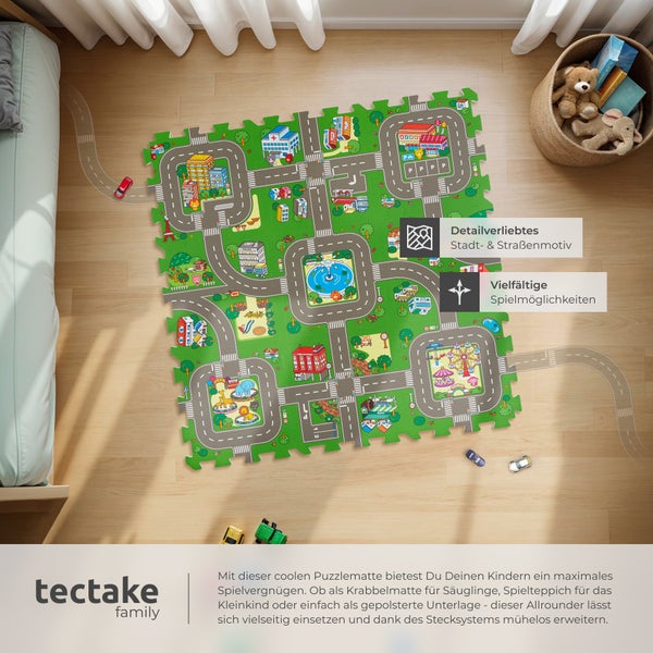 Puzzlematte tectake MyCity 90,5 x 90,5 cm 9-teilig, mit Stadt- und Straßenmotiv bunt