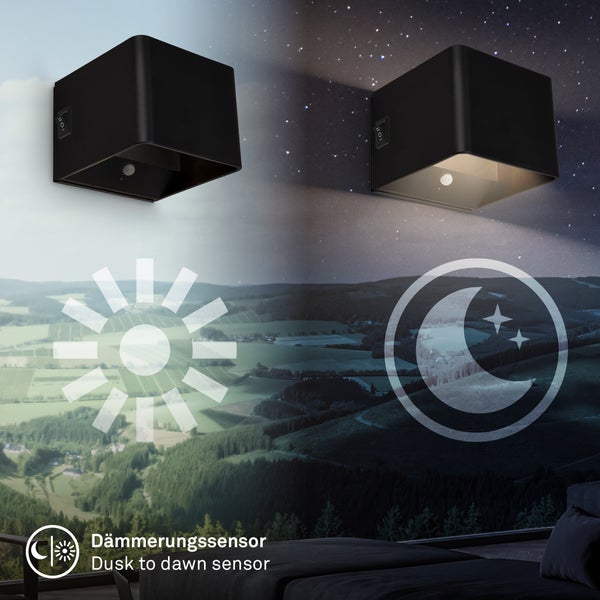 Schwarze, würfelförmige Außenwandleuchte mit Dämmerungssensor, die eine automatische Schaltung bei Tag und Nacht darstellt.