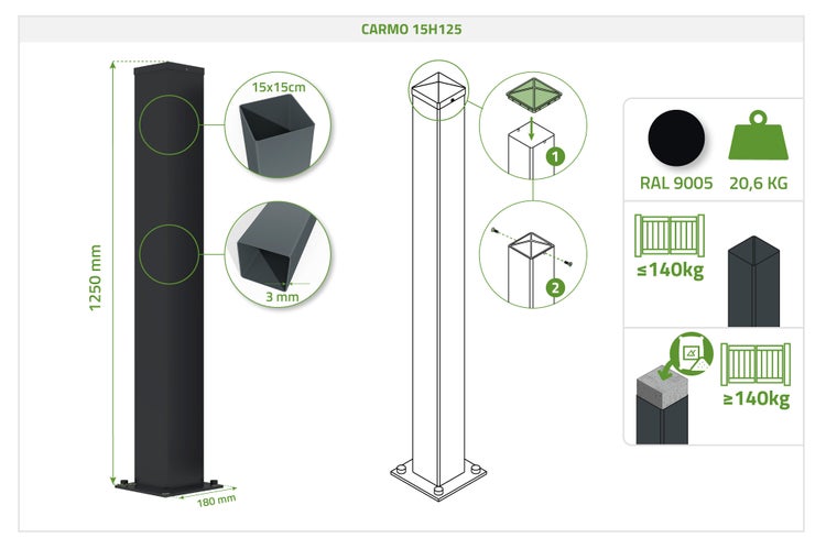 Zaunpfosten CARMO 15H125, Höhe 1250 Millimeter, Profil 15 mal 15 Zentimeter, Wandstärke 3 Millimeter, Gewicht 20,6 Kilogramm.